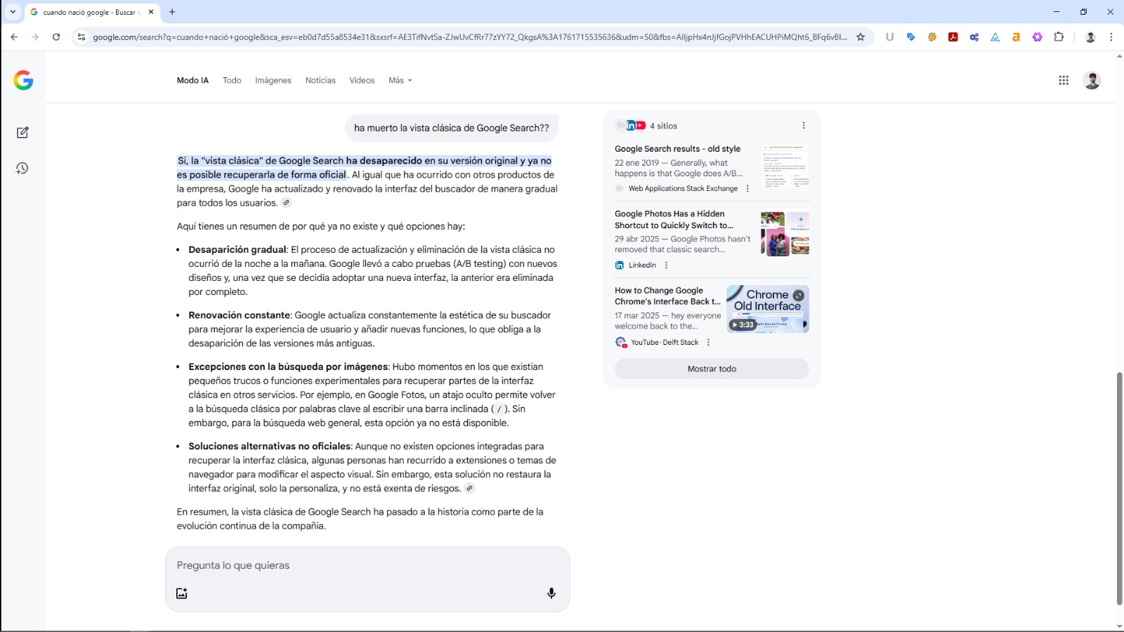 Modo IA de Google mostrando una respuesta generada por inteligencia artificial en el buscador